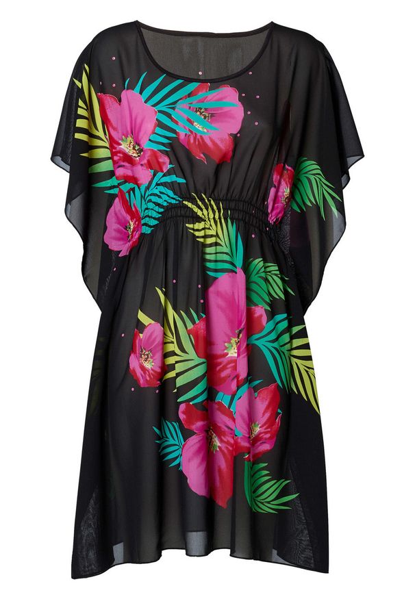Sukienka plażowa bonprix czarno-różowy z nadrukiem. Okazja: na plażę. Kolor: czarny. Wzór: nadruk. Styl: elegancki