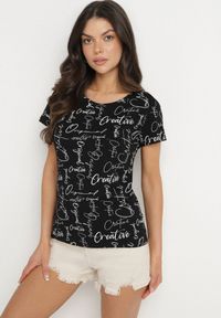 Born2be - Czarny T-shirt z Bawełny Zdobiony Nadrukiem z Napisami Mirindela. Okazja: na co dzień. Kolor: czarny. Materiał: bawełna. Wzór: napisy, aplikacja, nadruk. Styl: klasyczny, elegancki, casual #6