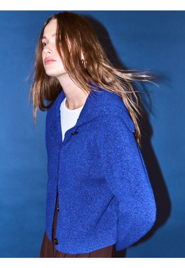 Reserved - Kardigan z kołnierzem - niebieski. Kolor: niebieski. Materiał: dzianina, wełna