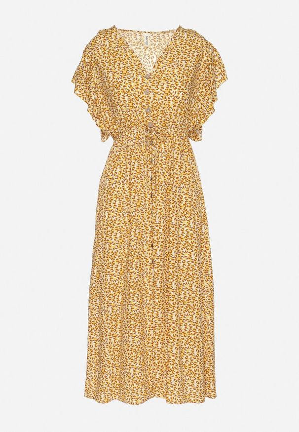 Born2be - Żółta Bawełniana Sukienka Rozkloszowana w Cętki z Ozdobnymi Guzikami Alulune. Okazja: na co dzień. Typ kołnierza: dekolt w kształcie V. Kolor: żółty. Materiał: bawełna. Długość rękawa: krótki rękaw. Styl: casual, elegancki