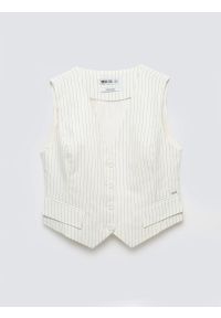 Big-Star - Kamizelka damska garniturowa lniana w prążek kremowa Kinniav 102. Okazja: na co dzień, do pracy, na spotkanie biznesowe. Kolor: kremowy. Materiał: len. Wzór: prążki. Styl: casual, biznesowy, elegancki #3