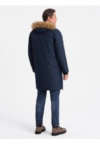 Ombre Clothing - Ocieplana kurtka męska alaska z kieszeniami i rozpinanym dołem – granatowa V1 OM-JALJ-0148 - XXL. Typ kołnierza: kaptur. Kolor: niebieski. Materiał: syntetyk, materiał. Długość: długie. Wzór: moro. Styl: militarny #2