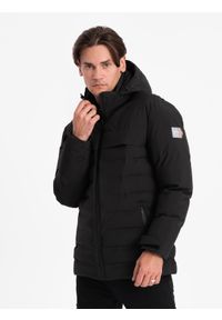 Ombre Clothing - Zimowa kurtka męska z odpinanym kapturem - czarna V3. Kolor: czarny. Materiał: poliester, polar. Sezon: zima #1