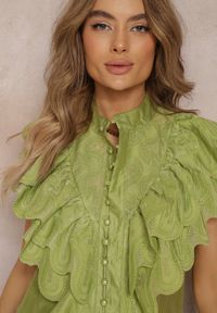 Renee - Zielona Koszula z Szerokimi Falbanami z Przodu i na Ramionach Clioni. Kolor: zielony. Materiał: koronka. Sezon: lato, wiosna #5