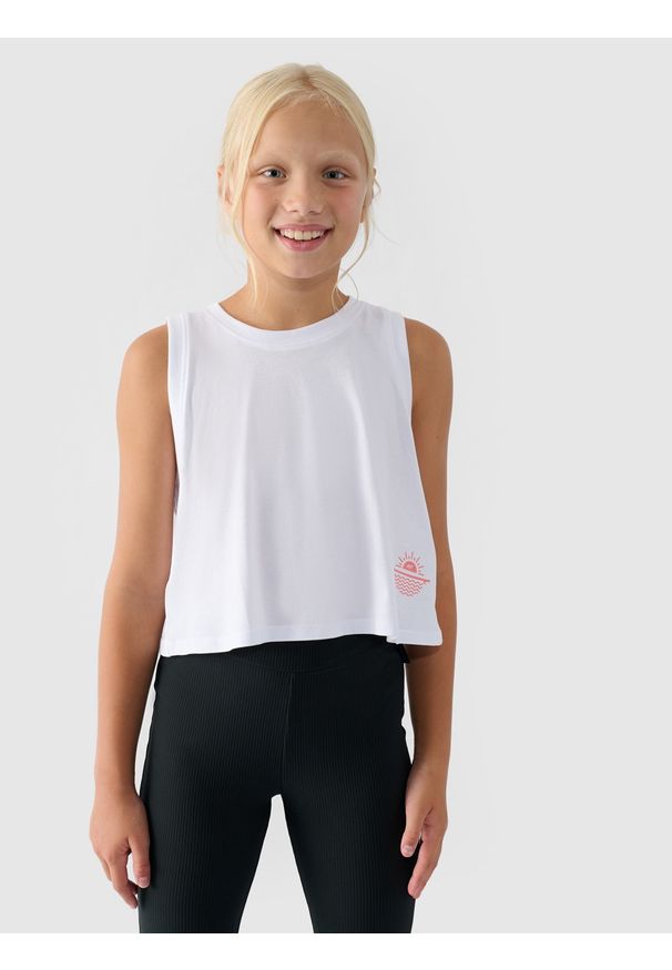 4f - 4F Crop top oversize dziewczęcy - biały 128 (7-8 lat). Okazja: na co dzień. Kolor: biały. Materiał: bawełna, jersey, dzianina. Długość rękawa: na ramiączkach. Wzór: gładki, ze splotem. Sezon: lato. Styl: sportowy, casual