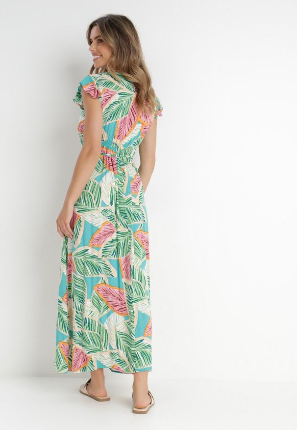 Born2be - Zielona Sukienka Donky. Typ kołnierza: kołnierz z falbankami. Kolor: zielony. Materiał: materiał. Długość rękawa: bez rękawów. Wzór: nadruk. Typ sukienki: kopertowe. Długość: maxi