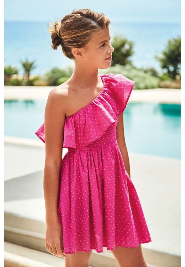 Mayoral sukienka dziecięca kolor różowy mini rozkloszowana. Kolor: różowy. Materiał: materiał. Typ sukienki: rozkloszowane. Długość: mini