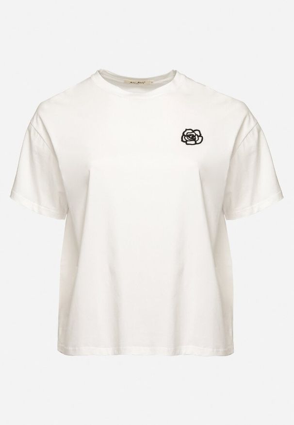 Born2be - Biały T-shirt z Bawełny z Naszywką Kwiatu Firirene. Okazja: na co dzień. Kolor: biały. Materiał: bawełna. Wzór: aplikacja, kwiaty. Styl: elegancki, casual