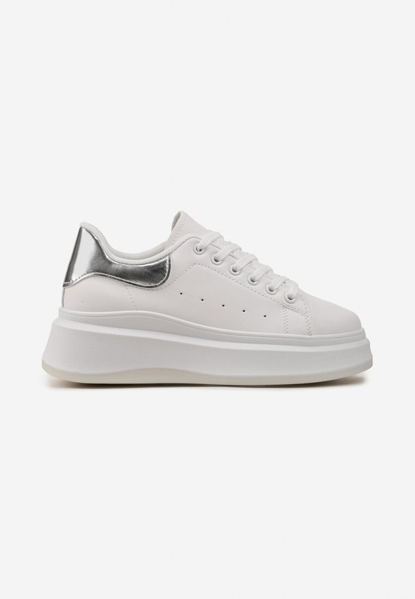 Born2be - Biało-Srebrne Sneakersy z Delikatną Perforacją i Gumowym Misiem przy Sznurówkach Zephra. Kolor: biały. Materiał: guma