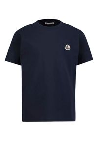MONCLER KIDS - Granatowa koszulka z logo 4-14 lat. Okazja: na co dzień. Kolor: niebieski. Materiał: bawełna. Wzór: aplikacja. Sezon: lato. Styl: klasyczny, casual