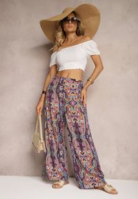 Renee - Fioletowe Wiskozowe Spodnie High Waist o Szerokim Kroju z Gumką w Talii Vimashia. Okazja: do pracy, na spotkanie biznesowe, na co dzień. Stan: podwyższony. Kolor: fioletowy. Materiał: wiskoza. Styl: casual, biznesowy