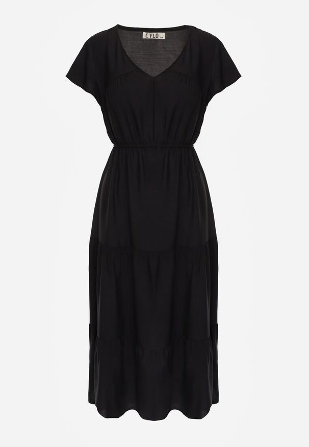 Renee - Czarna Sukienka z Wiskozy Jonmy. Okazja: na co dzień. Typ kołnierza: dekolt w serek. Kolor: czarny. Wzór: aplikacja, gładki. Typ sukienki: proste. Materiał: wiskoza. Długość rękawa: krótki rękaw. Sezon: lato. Styl: elegancki, casual. Długość: midi