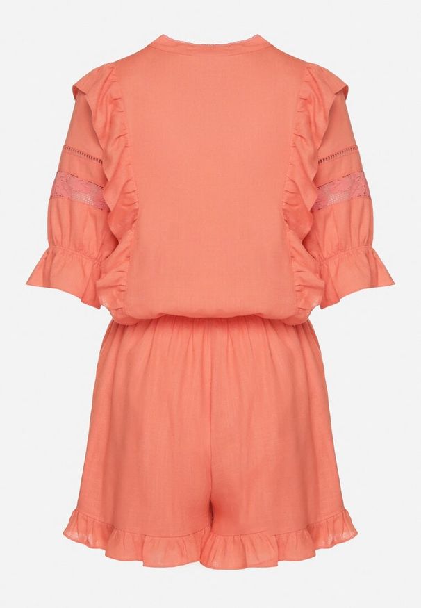 Born2be - Pomarańczowy Kombinezon z Lnu i Wiskozy w Stylu Boho z Falbankami i Koronką Linalisse. Okazja: na co dzień. Kolor: pomarańczowy. Materiał: wiskoza, len, koronka. Wzór: koronka. Styl: boho