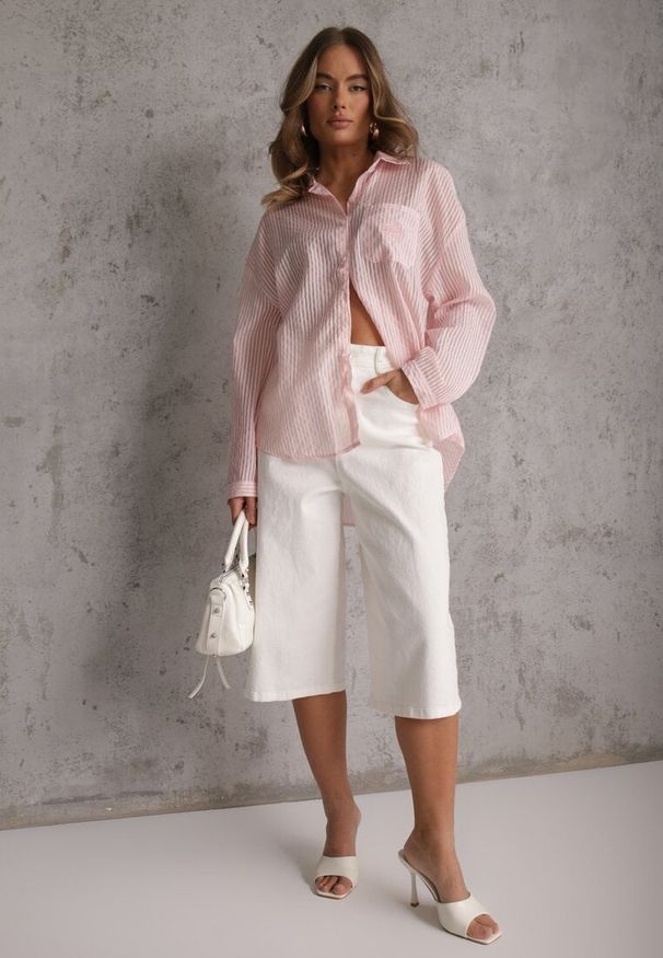 Renee - Różowa Koszula Oversize z Tencelu w Paski z Haftowanym Wzorem Tidore. Okazja: na co dzień. Kolor: różowy. Materiał: poliester, jeans, materiał. Wzór: haft, paski. Styl: casual, elegancki