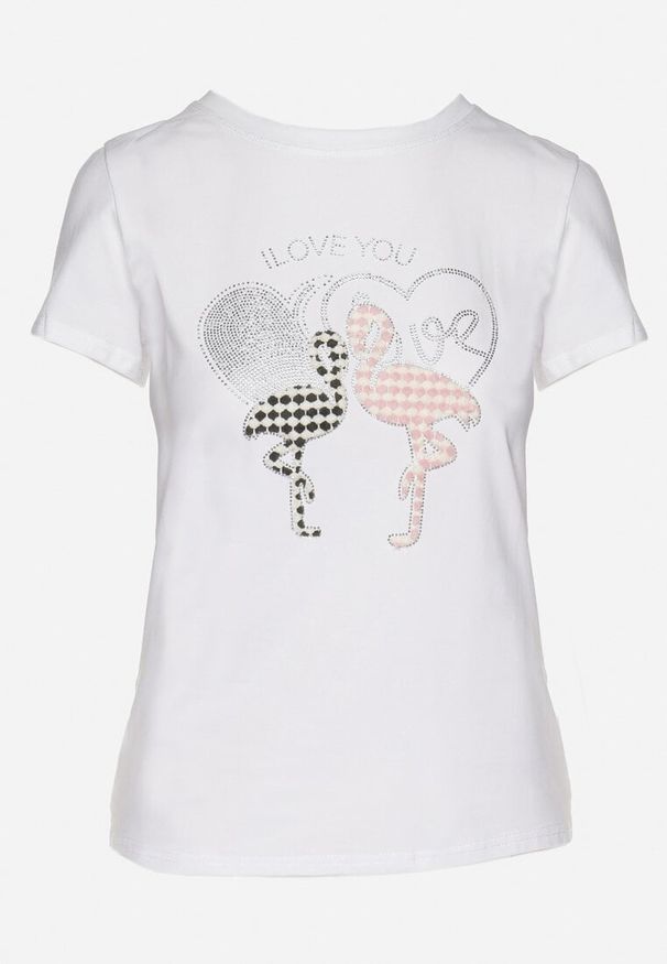 Born2be - Biały T-shirt z Bawełny z Cyrkoniami i Nadrukiem Listebia. Okazja: na co dzień. Kolor: biały. Materiał: bawełna. Wzór: nadruk. Styl: klasyczny, casual