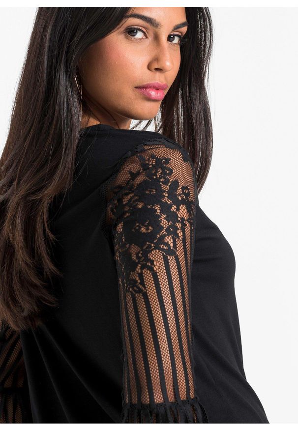 bonprix - Bluzka z długimi rękawami z mieszanki wiskozy. Kolor: czarny. Materiał: wiskoza, koronka. Długość rękawa: długi rękaw. Długość: długie. Wzór: koronka. Styl: elegancki