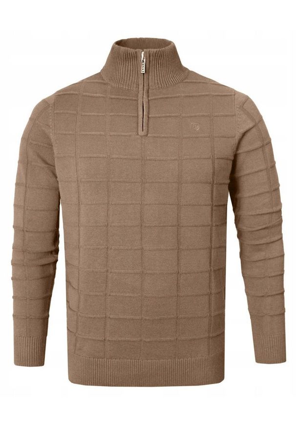 Elegancki Sweter Męski (Zamek) - Pako Jeans - Wysoki Dekolt, Kawa z Mlekiem. Kolor: brązowy, beżowy, wielokolorowy. Materiał: bawełna. Styl: elegancki