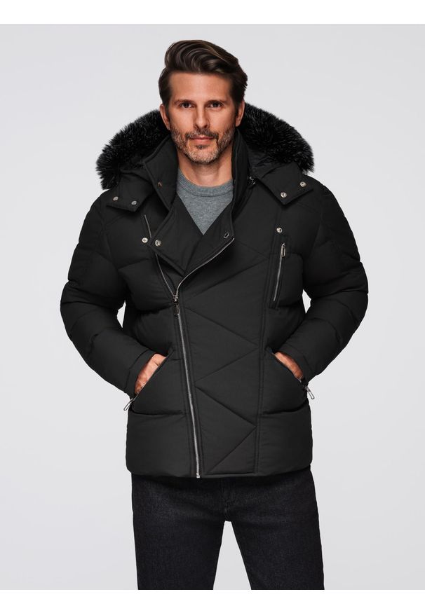 Ombre Clothing - Kurtka pikowana męska o kroju ramoneski z kapturem - czarna V1 - Rozmiar: L. Typ kołnierza: kaptur. Kolor: czarny. Materiał: satyna, futro, poliester, materiał. Sezon: zima. Styl: klasyczny, elegancki