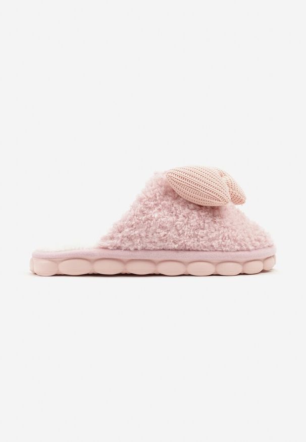 Born2be - Różowe Pluszowe Kapcie z Kokardką i Tłoczoną Podeszwą Vamika. Okazja: do domu. Kolor: różowy. Materiał: polar. Styl: klasyczny