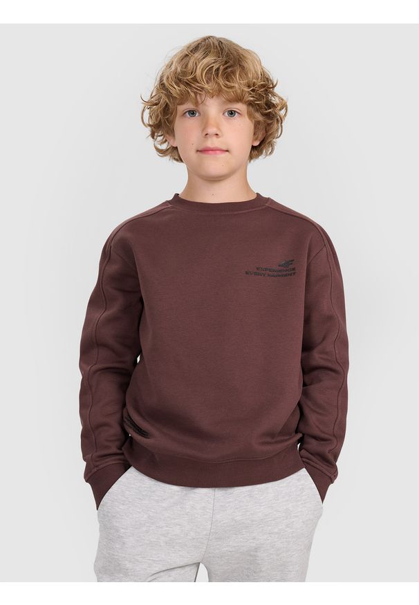 4f - 4F Bluza dresowa nierozpinana bez kaptura chłopięca - brązowa 122 (6-7 lat). Okazja: na co dzień. Typ kołnierza: bez kaptura. Kolor: brązowy. Materiał: dresówka. Wzór: napisy, gładki, ze splotem. Sezon: lato. Styl: klasyczny, casual, sportowy