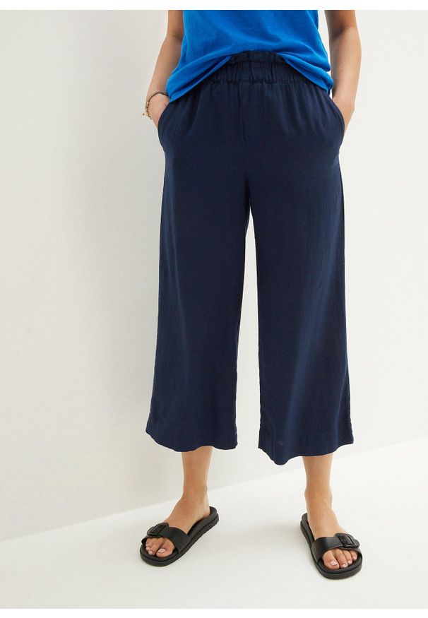 bonprix - Spodnie culotte z lnem, o regulowanej długości. Kolor: niebieski. Materiał: len