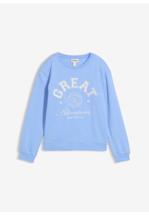 bonprix - Bluza z czystej bawełny organicznej. Kolor: niebieski. Materiał: bawełna. Wzór: napisy