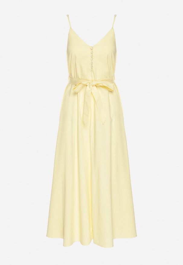 Born2be - Żółta Sukienka z Wiskozą i Bawełną Ozdobiona Paskiem Saviliae. Kolor: żółty. Materiał: bawełna, wiskoza. Długość rękawa: na ramiączkach. Wzór: aplikacja. Styl: elegancki