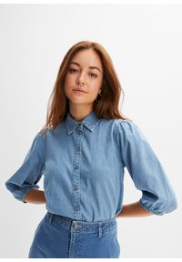 bonprix - Bluzka jeansowa z rękawami bufkami, z bawełny organicznej. Kolor: niebieski. Materiał: bawełna, jeans #1