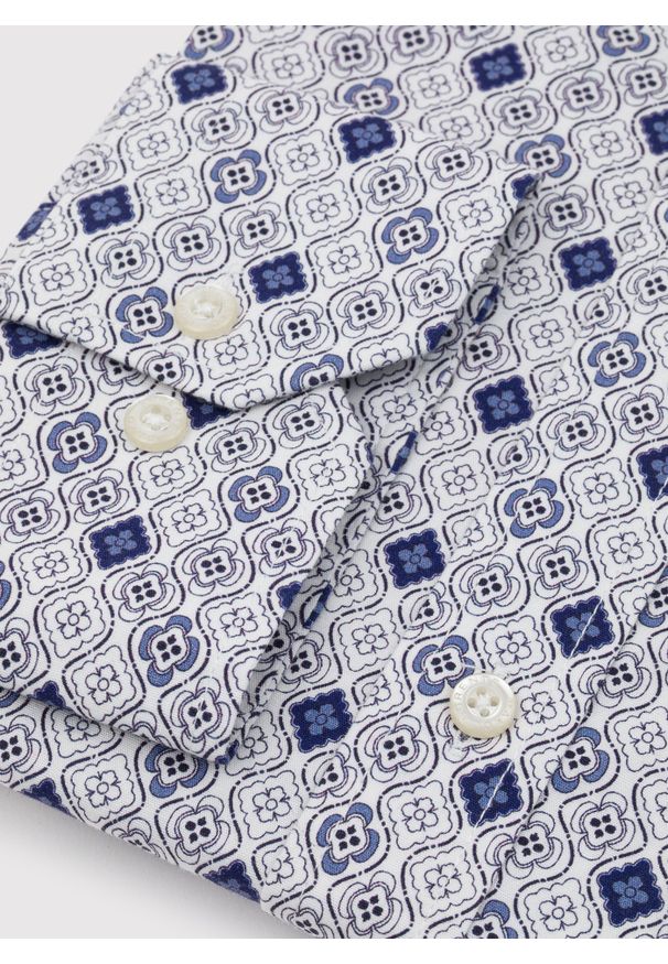 Pako Lorente - PAKO LORENTE – Męska koszula w kolorze białym w granatowy wzór. Typ kołnierza: kołnierzyk klasyczny. Kolor: niebieski, biały, wielokolorowy. Materiał: elastan, bawełna. Długość rękawa: długi rękaw. Długość: długie. Styl: klasyczny