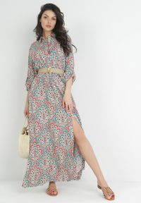 Born2be - Czerwono-Niebieska Sukienka z Guzikami i Plecionym Paskiem z Klamrą Aralty. Kolor: zielony. Długość rękawa: długi rękaw. Sezon: wiosna, lato. Typ sukienki: koszulowe #4