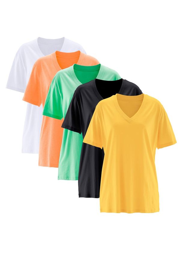 Długi shirt z dekoltem w szpic (5 sztuk), krótki rękaw bonprix żółty kanarkowy + kremowy miętowy + morelowy + czarny + biały. Kolor: żółty. Długość rękawa: krótki rękaw. Długość: krótkie