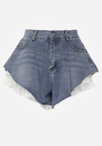 Renee - Niebieskie Jeansowe Szorty z Bawełny Ozdobione Falbanami Kassyllis. Okazja: na co dzień. Kolor: niebieski. Materiał: bawełna, jeans. Wzór: aplikacja. Sezon: lato. Styl: casual #4