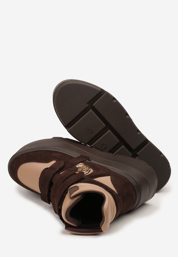 Renee - Beżowo-Brązowe Botki Sneakersy Vices na Platformie w Stylu Y2K Gelira. Okazja: na co dzień. Zapięcie: rzepy. Kolor: beżowy. Materiał: jeans. Wzór: aplikacja. Sezon: lato. Obcas: na platformie