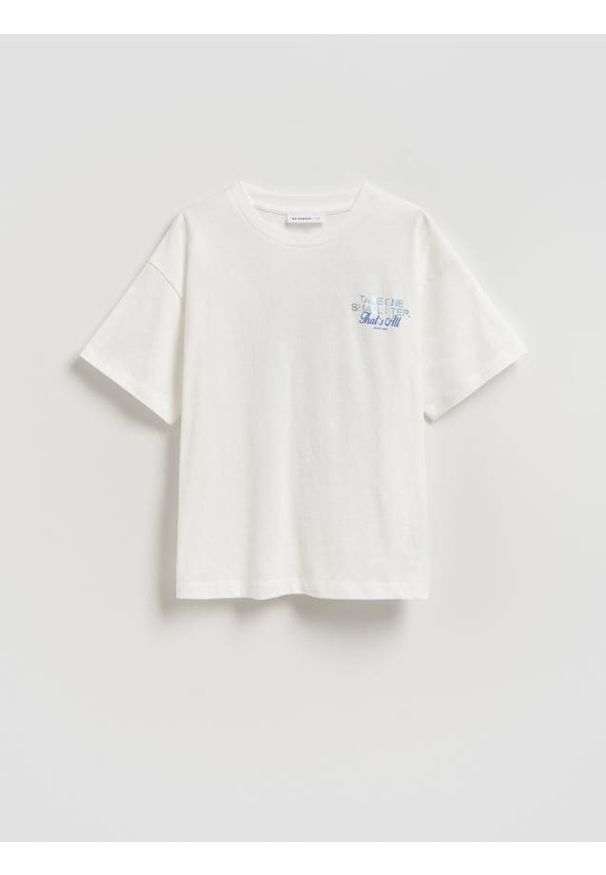 Reserved - T-shirt z nadrukiem na plecach - złamana biel. Materiał: bawełna. Wzór: nadruk