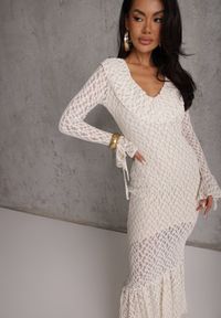 Renee - Beżowa Wieczorowa Sukienka z Koronki Zdobiona Falbanami Lunetra. Typ kołnierza: dekolt w kształcie V. Kolor: beżowy. Materiał: koronka. Wzór: aplikacja, koronka. Styl: wizytowy #10