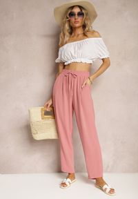 Renee - Ciemnoróżowe Spodnie Regular High Waist z Wiązaniem w Pasie Dimeca. Okazja: na co dzień. Stan: podwyższony. Kolor: różowy. Materiał: materiał. Wzór: aplikacja. Styl: casual