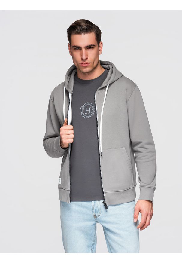 Ombre Clothing - Męska bluza bawełniana dresowa BASIC rozpinana z kapturem - szara V8 - Rozmiar: S. Okazja: na co dzień, na spacer, do pracy. Typ kołnierza: kaptur. Kolor: szary. Materiał: dresówka, bawełna. Wzór: jednolity, gładki, aplikacja. Styl: casual