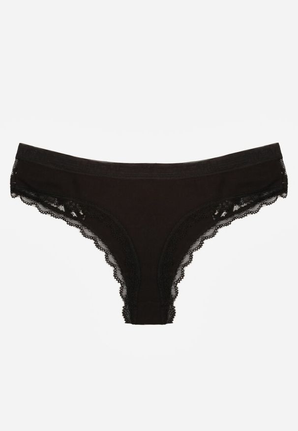 Renee - Czarne Majtki Stringi Ozdobione Koronką z Bawełną Meniliphis. Kolor: czarny. Materiał: koronka, bawełna. Wzór: koronka, aplikacja