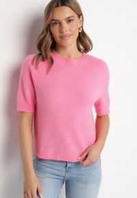 Born2be - Różowy Sweter z Wełną z Krótkim Rękawem Dannoria. Okazja: na co dzień. Kolor: różowy. Materiał: wełna. Długość rękawa: krótki rękaw. Długość: krótkie. Styl: elegancki, casual