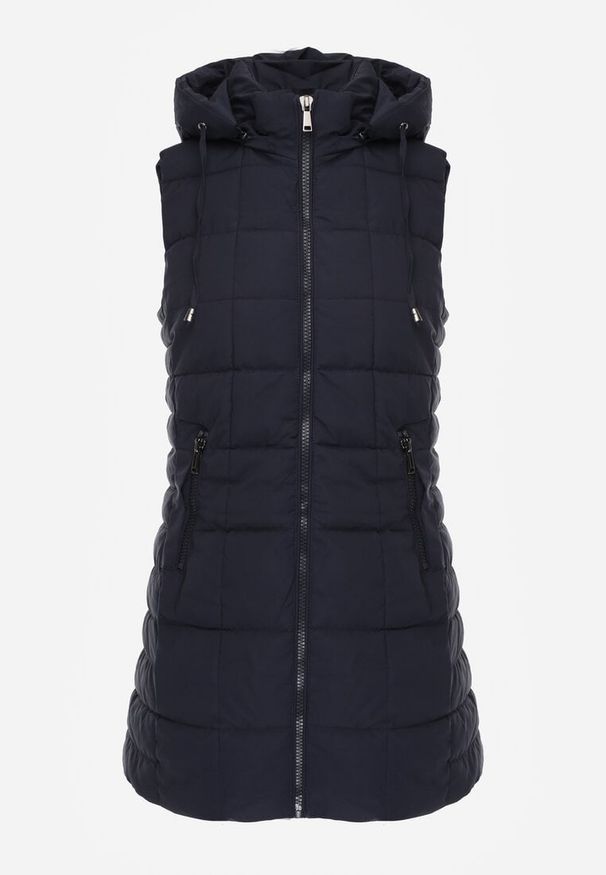 Renee - Granatowa Kamizelka Ozdobiona Pikowaniem i Odpinanym Kapturem Atoria. Okazja: na spacer, na co dzień. Kolor: niebieski. Materiał: tkanina, jeans. Wzór: aplikacja. Styl: casual