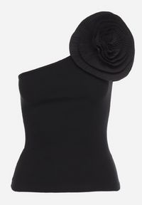 Born2be - Czarna Asymetryczna Bluzka Top z Bawełny Ozdobiona Kwiatem 3D Ulsavia. Kolor: czarny. Materiał: bawełna. Wzór: aplikacja, kwiaty #4