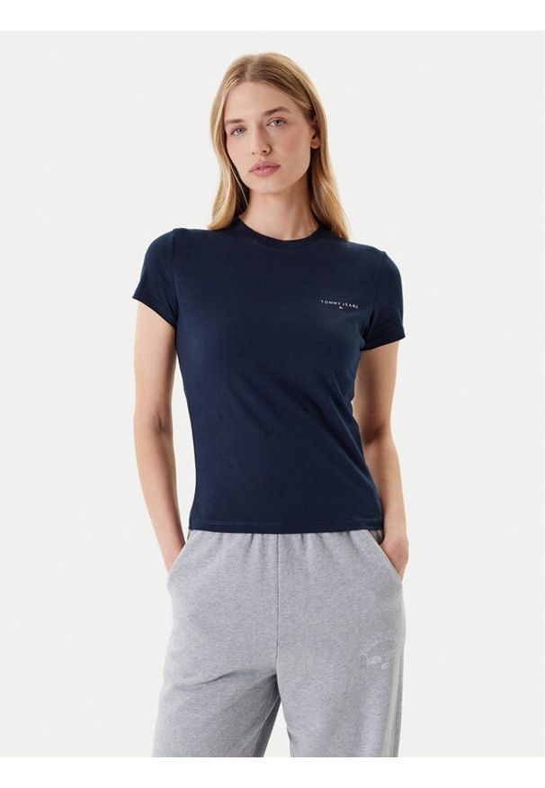 Tommy Jeans T-Shirt Linear DW0DW21164 Granatowy Slim Fit. Kolor: niebieski. Materiał: bawełna