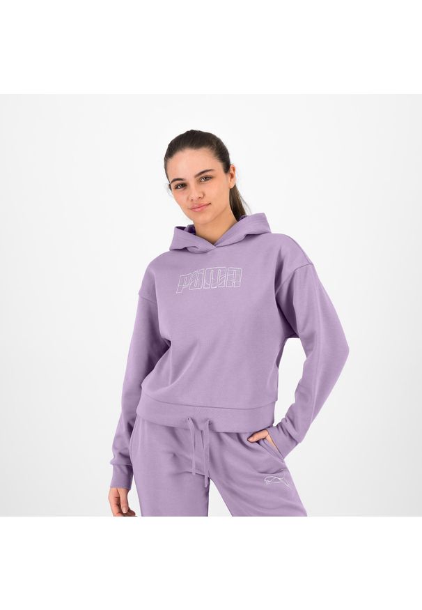 Bluza z kapturem damska Puma Gym & Pilates. Typ kołnierza: kaptur. Kolor: fioletowy. Materiał: polar, dzianina, materiał, bawełna. Wzór: kolorowy. Sport: joga i pilates