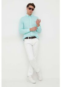 TOMMY HILFIGER - Tommy Hilfiger koszula bawełniana męska kolor turkusowy slim z kołnierzykiem button-down. Typ kołnierza: button down. Kolor: turkusowy. Materiał: bawełna. Wzór: aplikacja #5