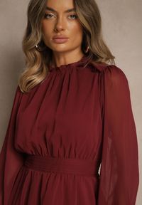 Renee - Bordowa Sukienka z Siateczki o Rozkloszowanym Kroju z Bufiastymi Rękawami Aziva. Okazja: na co dzień. Kolor: czerwony. Materiał: skóra. Typ sukienki: rozkloszowane, proste. Styl: casual #3