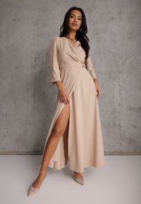 Renee - Beżowa Elegancka Sukienka o Kopertowym Kroju Zdobiona Aplikacją w Talii Zilendra. Kolor: beżowy. Wzór: aplikacja. Typ sukienki: kopertowe. Styl: elegancki #6