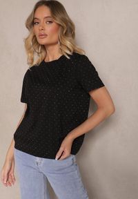 Renee - Czarna Bluzka z Bawełny z Cyrkoniami Analaris. Okazja: na co dzień. Kolor: czarny. Materiał: bawełna. Długość rękawa: krótki rękaw. Długość: krótkie. Wzór: aplikacja. Styl: casual