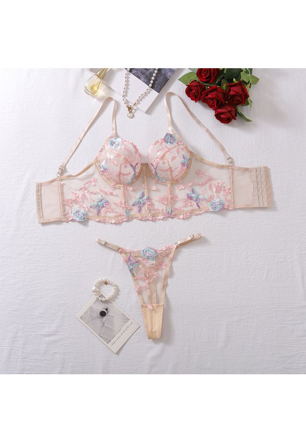 Intica - Komplet bielizny z gorsetowym biustonoszem i haftem na romantyczne wieczory Senija. Kolor: beżowy. Materiał: materiał. Wzór: haft