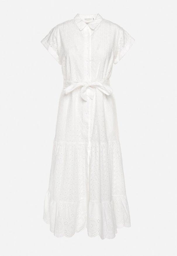 Born2be - Biała Sukienka Bawełniana z Ażurowym Wzorem i Wiązanym Paskiem Kelilena. Okazja: na co dzień. Kolor: biały. Materiał: bawełna. Długość rękawa: krótki rękaw. Wzór: ażurowy. Typ sukienki: rozkloszowane. Styl: elegancki, retro, casual