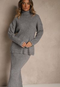 Renee - Szary Komplet z Dzianiny z Wełną w Prążki Golf i Ołówkowa Spódnica Falirea. Kolor: szary. Materiał: dzianina, wełna. Wzór: prążki